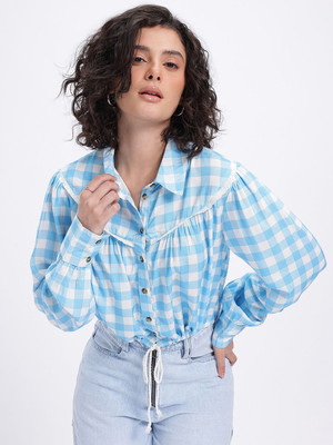 Glitchez Women Checkered Casual Light Blue, White Shirt
