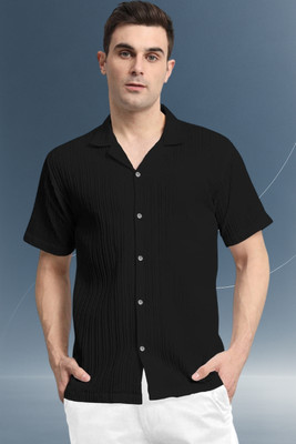 A DEEMOON TREND Men Self Design Casual Black Shirt