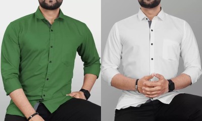 Tanip Men Solid Casual Green, White Shirt(Pack of 2)