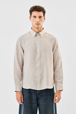 Snitch Men Striped Casual Beige Shirt