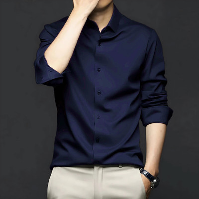 SOLSTICE Men Solid Party Dark Blue Shirt