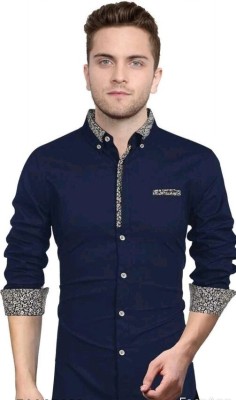 Sky Global Men Solid Casual Dark Blue Shirt