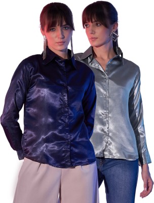 BuyNewTrend Women Solid Casual Grey, Dark Blue Shirt(Pack of 2)