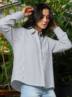 THECLASSICTOGS Women Striped Casual Grey Shirt