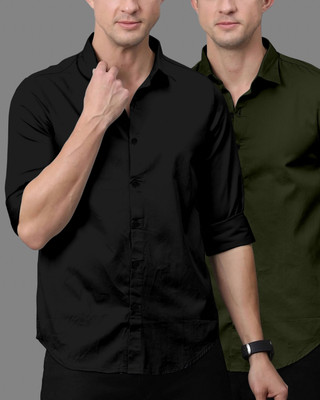 OXXOM Men Solid Casual Black, Green Shirt(Pack of 2)