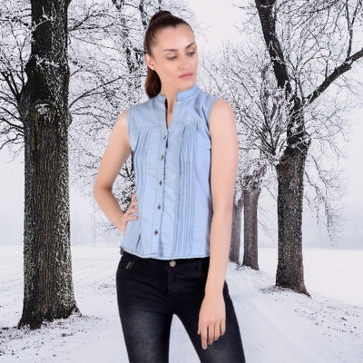 Wingzss Women Self Design Casual Blue Shirt