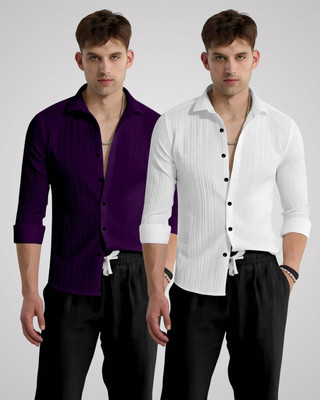 kruze Men Self Design Casual Purple, White Shirt(Pack of 2)