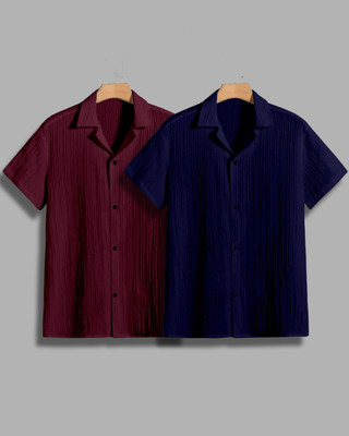 House of Vinay Men Self Design Casual Maroon, Dark Blue Shirt(Pack of 2)