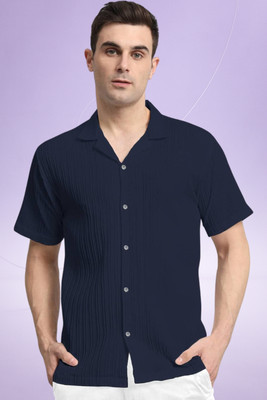 A DEEMOON TREND Men Self Design Casual Dark Blue Shirt