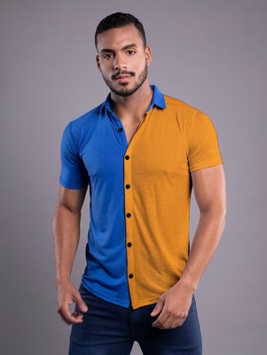 tfurnish Men Self Design Casual Blue, Gold Shirt