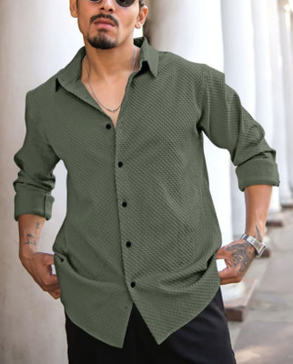 JACKBELLA Men Self Design Casual Green Shirt
