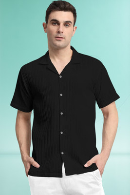 A DEEMOON TREND Men Self Design Casual Black Shirt