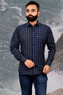 VK CREATTION Men Striped Casual Dark Blue Shirt