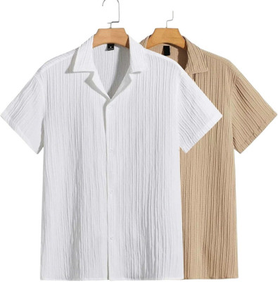 METRONAUT Men Self Design Casual White, Khaki Shirt(Pack of 2)