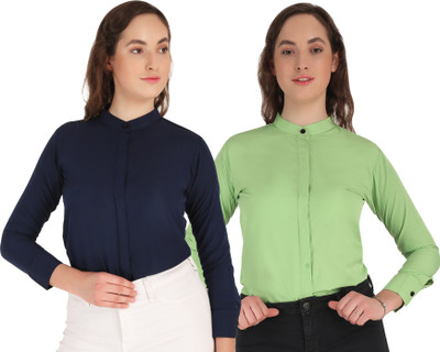 Giggles Women Solid Casual Light Blue, White Shirt(Pack of 2)