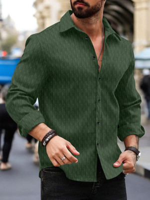 VELLOSTA Men Self Design Casual Dark Green Shirt