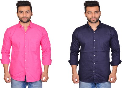 La Milano Men Solid Casual Dark Blue, Pink Shirt(Pack of 2)