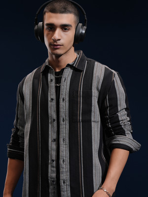 HIGHLANDER Men Striped Casual Black Shirt