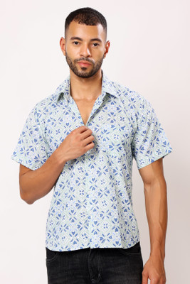 Jostory Men Printed Casual Blue, Green Shirt