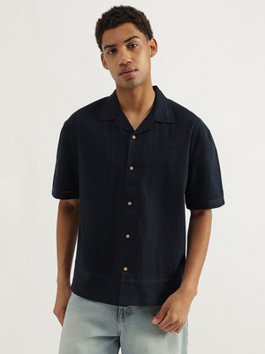 United Colors of Benetton Men Self Design Casual Blue Shirt