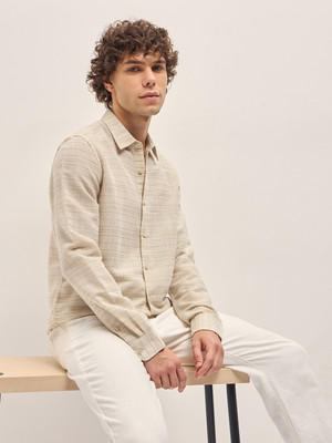 THE BEAR HOUSE Men Striped Casual Beige Shirt