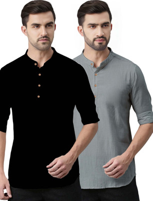 Navkanj Men Solid Asymmetric Kurta(Grey)