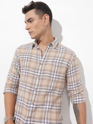 Roadster Men Checkered Casual Beige Shirt