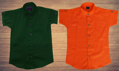 Kuwarshah Boys Solid Casual Dark Green, Orange Shirt(Pack of 2)