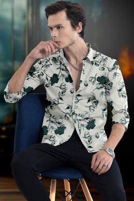 JS TEX Men Printed Casual White, Dark Green Shirt