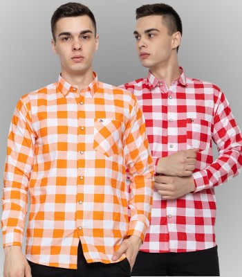 FERYPRO Men Checkered Casual Orange, Red Shirt(Pack of 2)