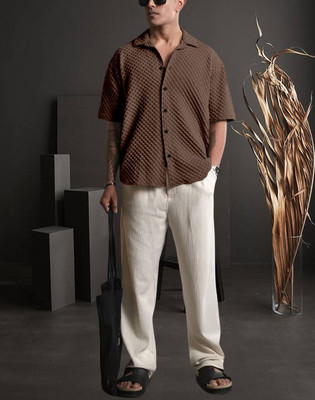 FREYA TEXTURE Men Self Design Casual Brown Shirt