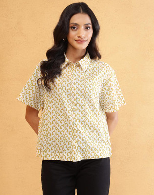 Fabindia Women Printed Casual Yellow Shirt