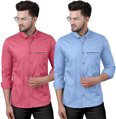 DHYAN ENTERPRISE Men Solid Casual Pink, Light Blue Shirt