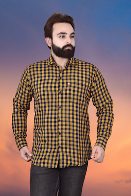 V K Creation Men Checkered Casual Dark Blue, Yellow Shirt