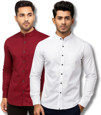 CROWNTAIL Men Solid Casual Maroon, White Shirt(Pack of 2)