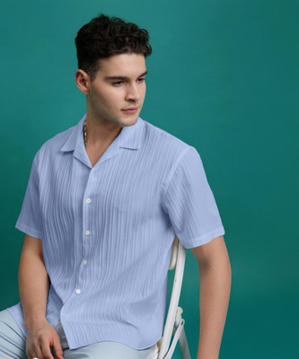 Black Deer Men Self Design Casual Light Blue Shirt
