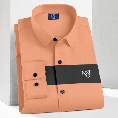 N AND J Men Printed Casual Orange Shirt