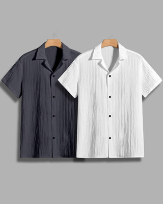 House of Vinay Men Self Design, Solid Casual Grey, White Shirt(Pack of 2)