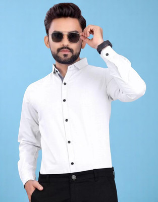 Mantratextile Hubb Men Self Design Casual White Shirt(Pack of 2)