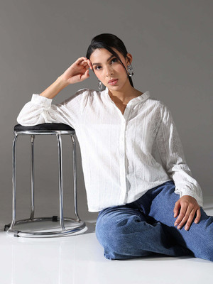SHOWOFFFF Women Self Design Casual White Shirt