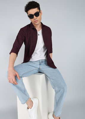 DISHANK CREATION Men Solid, Striped Formal Maroon Shirt