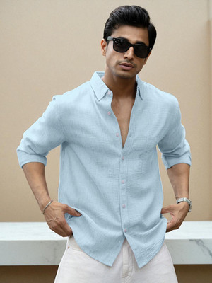 Yanthhi Men Solid Casual Light Blue Shirt