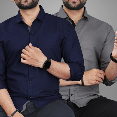 BROWEARS Men Solid Casual Blue, Grey Shirt(Pack of 2)