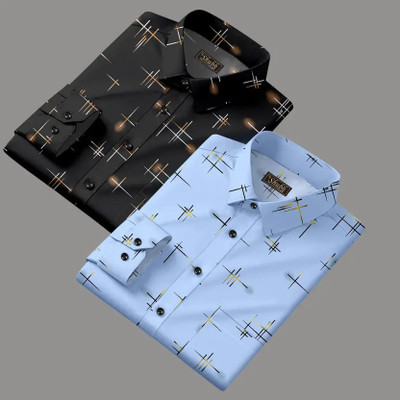 Cubix Men Graphic Print Casual White, Light Blue Shirt(Pack of 2)
