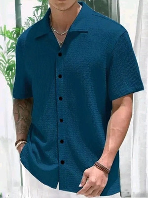 MUMIN Men Self Design Casual Blue Shirt
