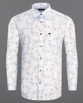 french crown Men Printed Casual White, Light Blue Shirt