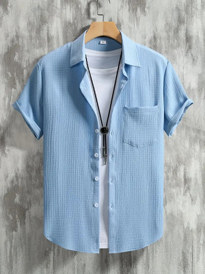 sti Men Self Design Casual Blue Shirt