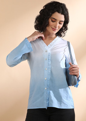 CORSICA Women Self Design Casual Blue Shirt