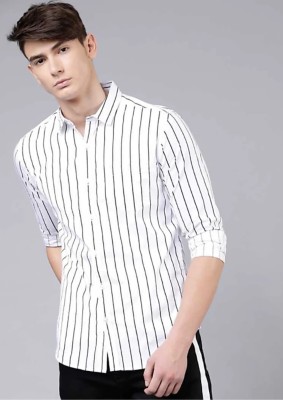 MD textile Men Striped Casual White Shirt