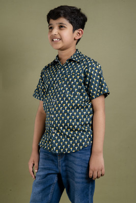 SHOPEELABELLA Boys Printed Casual Dark Green, Yellow, White Shirt